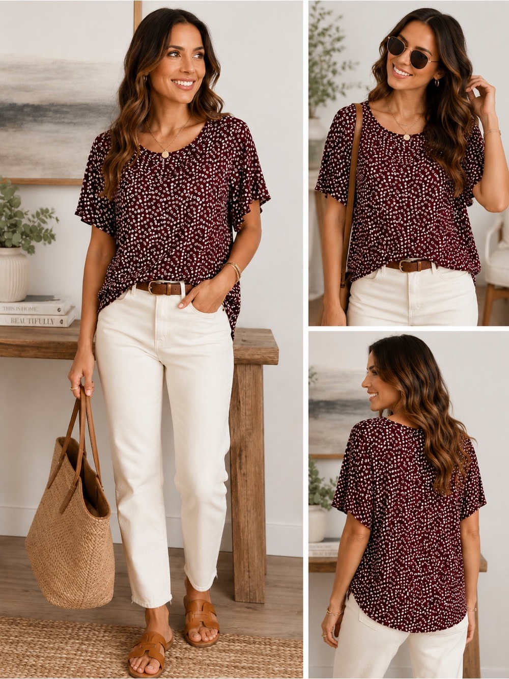 LOFT Burgundy Dot Print Blouse Flutter Sleeve Drape Round Neck Top Size S